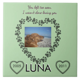 Lime Green Pawprint Heart Memorial Ceramic Tile