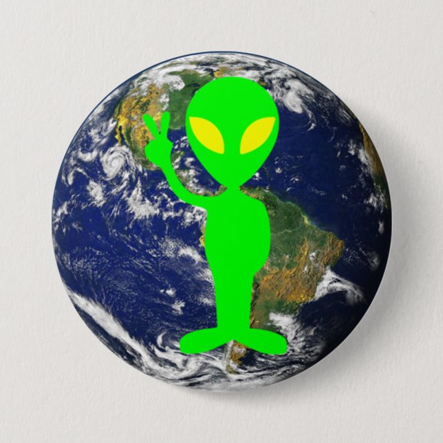 Lime Green Peace Sign Alien & Earth Round Button (Front)