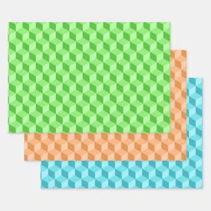 LIME GREEN PEACH AQUA BLUE GEOMETRIC CUBE PATTERNS WRAPPING PAPER SHEET