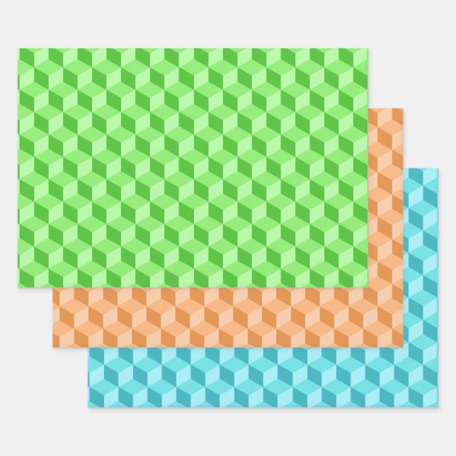 LIME GREEN PEACH AQUA BLUE GEOMETRIC CUBE PATTERNS WRAPPING PAPER SHEET (Set)