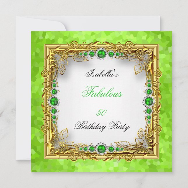 Lime Green Pearls Gold White Birthday Party Invitation (Front)