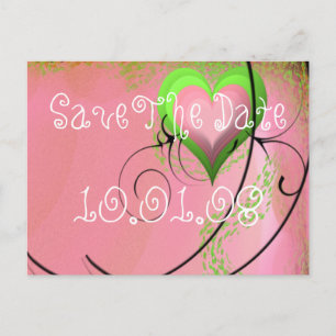 Lime Green Pink Hearts Wedding Save the Date Announcement Postcard