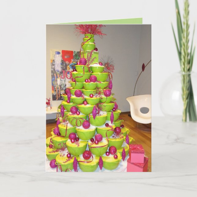 Lime Green & Pink Jingle Bowls Christmas Tree Holiday Card (Front)