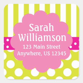 Lime Green Pink Stripes Polka Dots Address Sticker