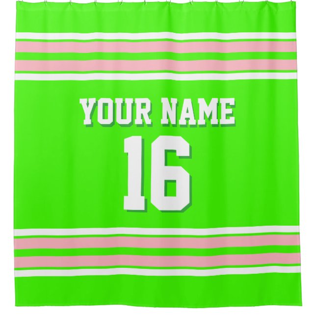 Lime Green Pink White Stripes Sports Jersey Shower Curtain (Front)