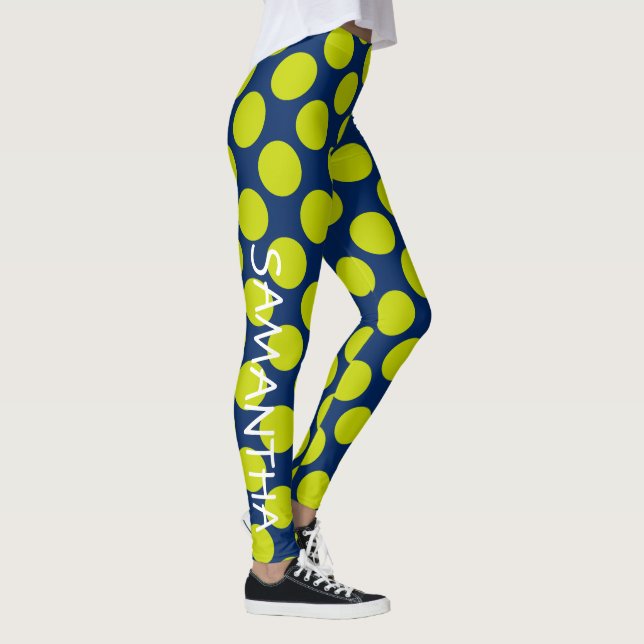 Lime Green Polka Dots on Navy Blue Personalised Leggings (Right)