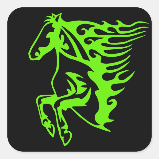 Lime Green Pony Horse Stallion Steed Line Art Square Sticker (Front)