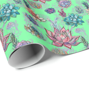 *~ Lime Green Pretty  Blue Green Succulent Pattern Wrapping Paper