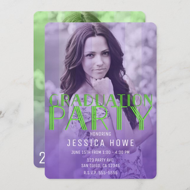 Lime Green Purple Graduation Party Graduate Photo Invitation (Front/Back)