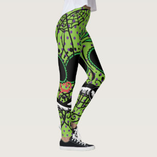 Lime Green Purple Polka Dots Sugar Skull Leggings