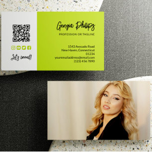 Lime Green QR Code Photo Social Media Icons Business Card