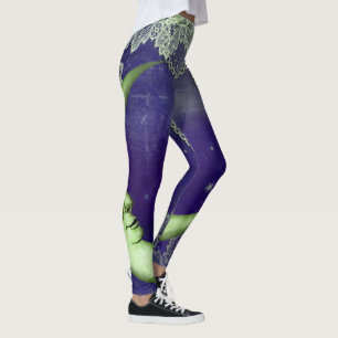 Lime Green Quarter Moon & Lace on Purple Leggings