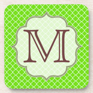 Lime Green Quarterfoil Monogram Drink Coaster
