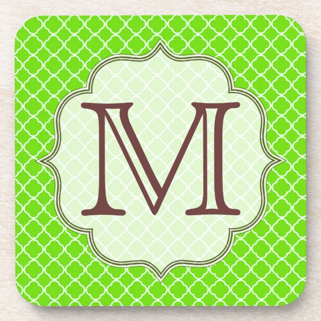 Lime Green Quarterfoil Monogram Drink Coaster (Front)