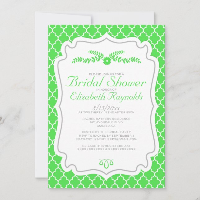 Lime Green Quatrefoil Bridal Shower Invitations (Front)