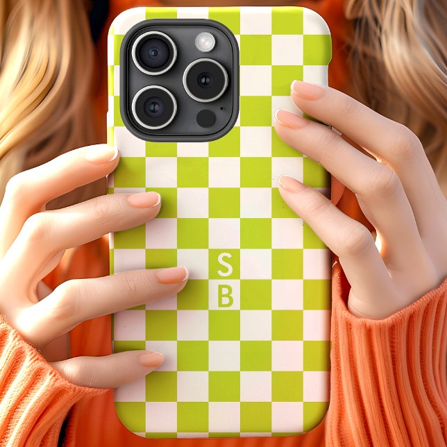 Lime Green Retro Chequered Pattern Monogram Case-Mate iPhone Case (Creator Uploaded)