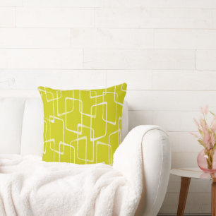 Lime Green Retro Lino Print Geometric Pattern Cushion
