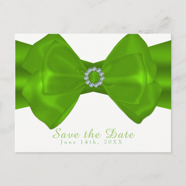 Lime Green Ribbon & Diamonds Elegant Save the Date Announcement Postcard (Front)
