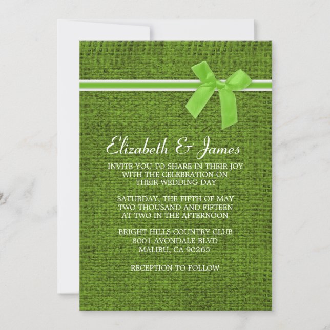 Lime Green Rustic Burlap Wedding Invitations (Front)