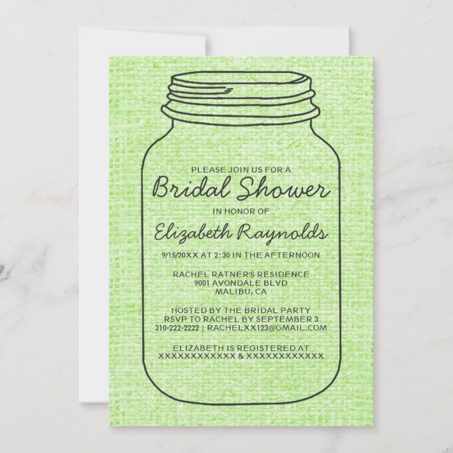 Lime Green Rustic Mason Jar Bridal Shower Invites (Front)