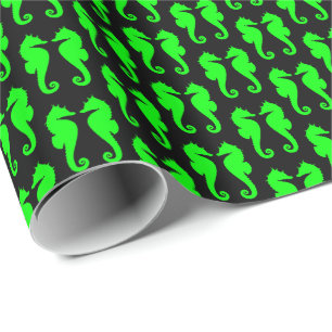 Lime Green Sea Horses on Black Wrapping Paper