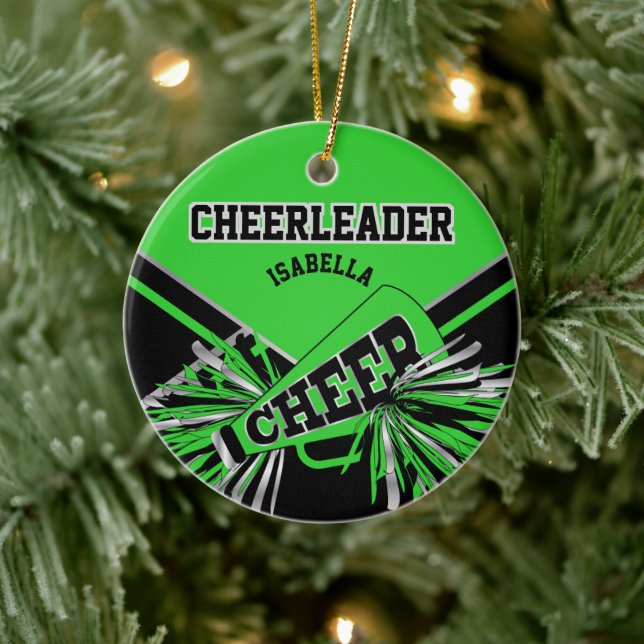 Lime Green, Silver and Black Cheerleader 📣💖 Ceramic Ornament (Tree)
