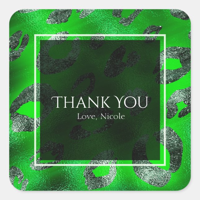 Lime Green & Silver Leopard Print Party Favour Square Sticker (Front)
