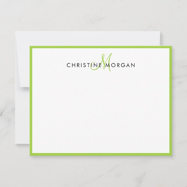 Lime green simple chic minimalist monogram name card (Front)