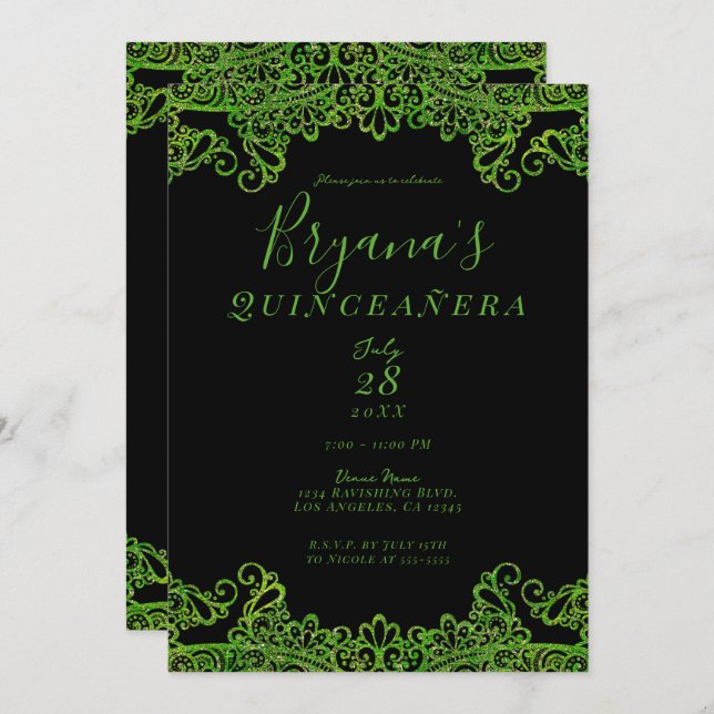 Lime Green Sparkle Glitter Black Quinceañera   Invitation (Front/Back)