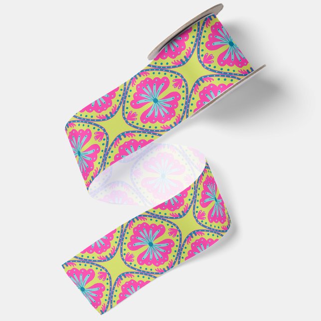 Lime Green Squircle Ring Floral  Satin Ribbon (Front+Back)