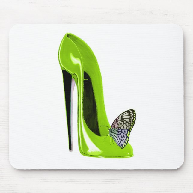 Lime green stiletto shoe and butterfly mouse pad (Front)
