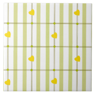 Lime Green Stripe and Yellow Hearts  Ceramic Tile