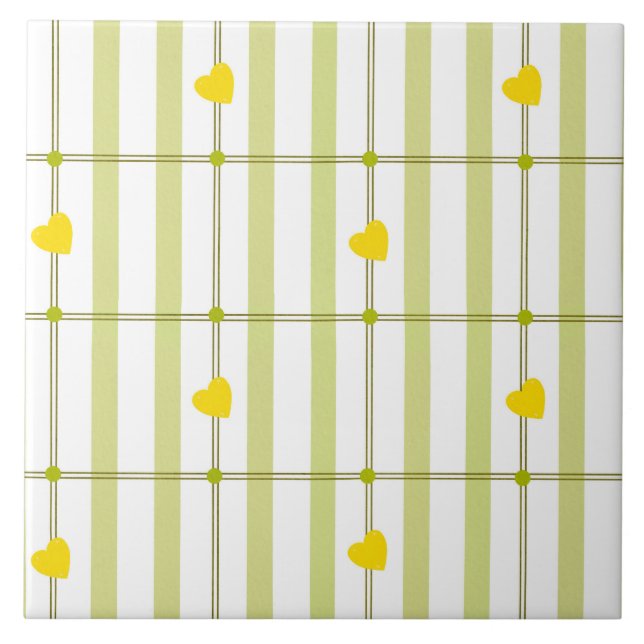 Lime Green Stripe and Yellow Hearts  Ceramic Tile (Front)