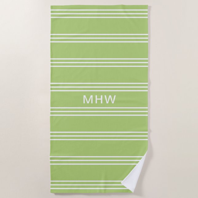 Lime Green Stripes custom monogram beach towel (Front)