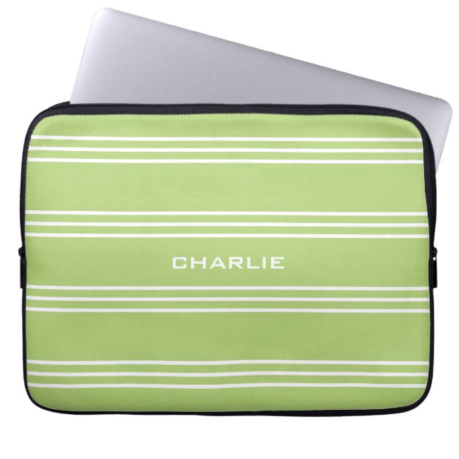 Lime Green Stripes custom monogram laptop sleeves (Front)