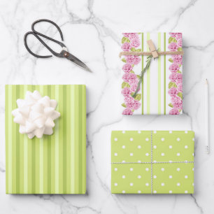 LIME GREEN STRIPES POLKA DOTS & PINK FLOWERS WRAPPING PAPER SHEET