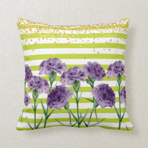 Lime Green Stripes Purple Carnations Gold Confetti Cushion
