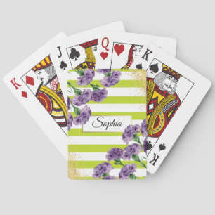 Lime Green Stripes Purple Carnations Gold Confetti Playing Cards