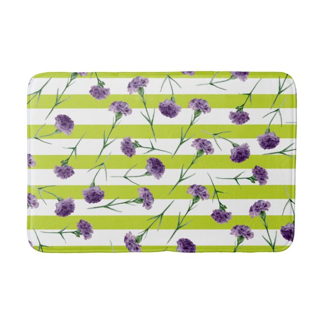 Lime Green Stripes Purple Carnations Pattern Bath Mat (Front)