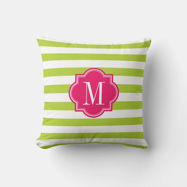 Lime Green Stripes with Hot Pink Monogram Cushion (Front)
