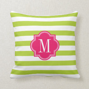 Lime Green Stripes with Hot Pink Monogram Cushion