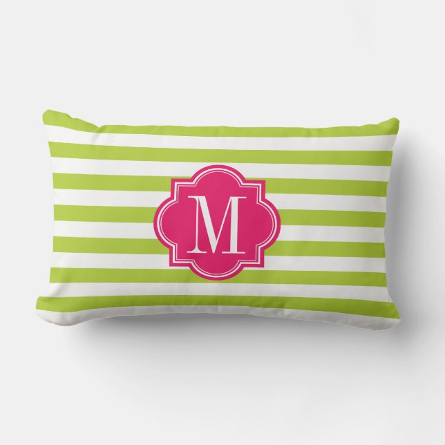 Lime Green Stripes with Hot Pink Monogram Lumbar Cushion (Front)