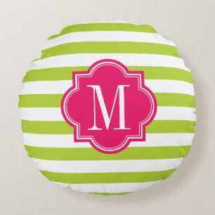 Lime Green Stripes with Hot Pink Monogram Round Cushion