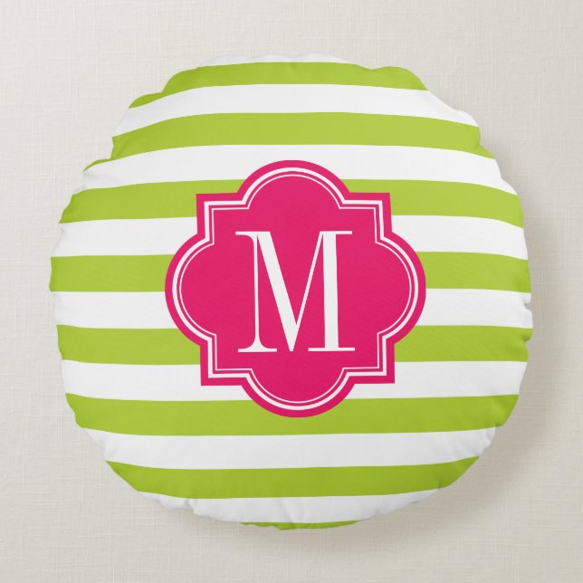 Lime Green Stripes with Hot Pink Monogram Round Cushion (Front)