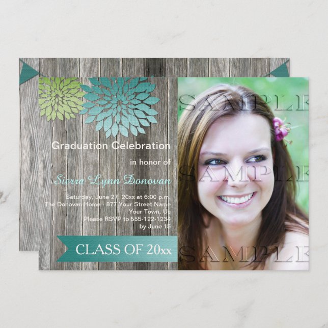 Lime Green Teal Petals Barn Wood Graduation Party Invitation (Front/Back)