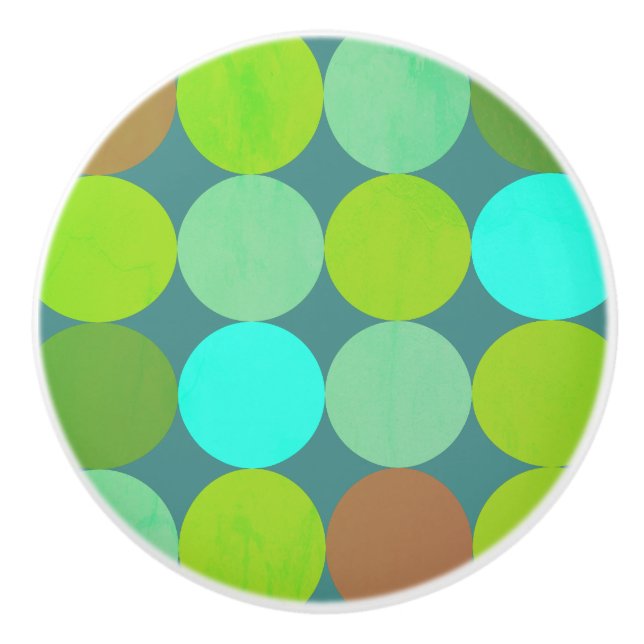 Lime Green Teal Turquoise & Rust Circles Ceramic Knob (Front)