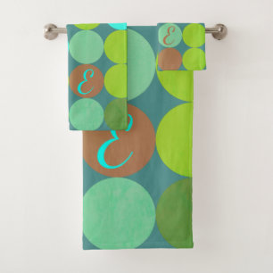 Lime Green Teal Turquoise & Rust Circles Monogram Bath Towel Set