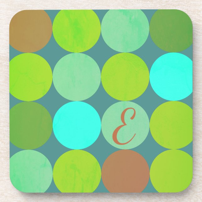 Lime Green Teal Turquoise & Rust Circles Monogram Coaster (Front)