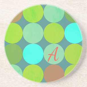 Lime Green Teal Turquoise & Rust Circles Monogram Coaster