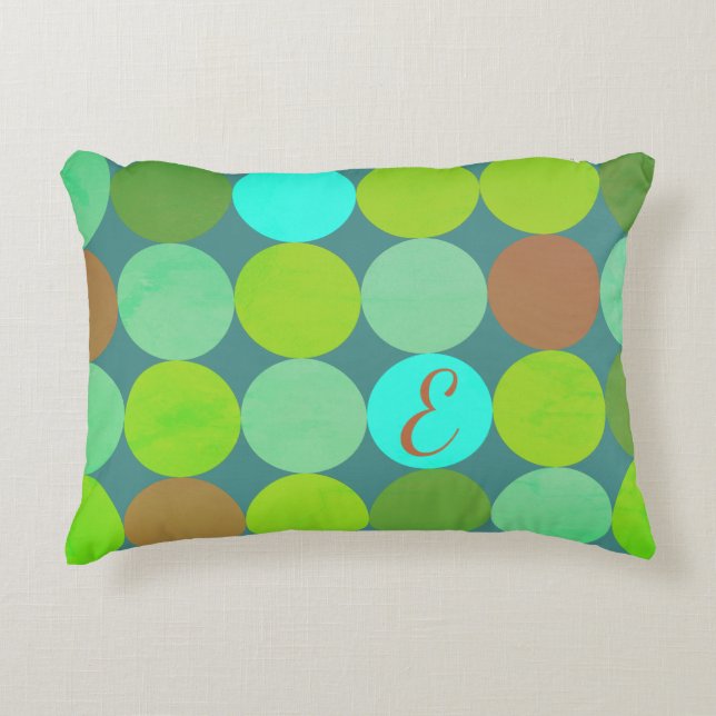 Lime Green Teal Turquoise & Rust Circles Monogram Decorative Cushion (Front)